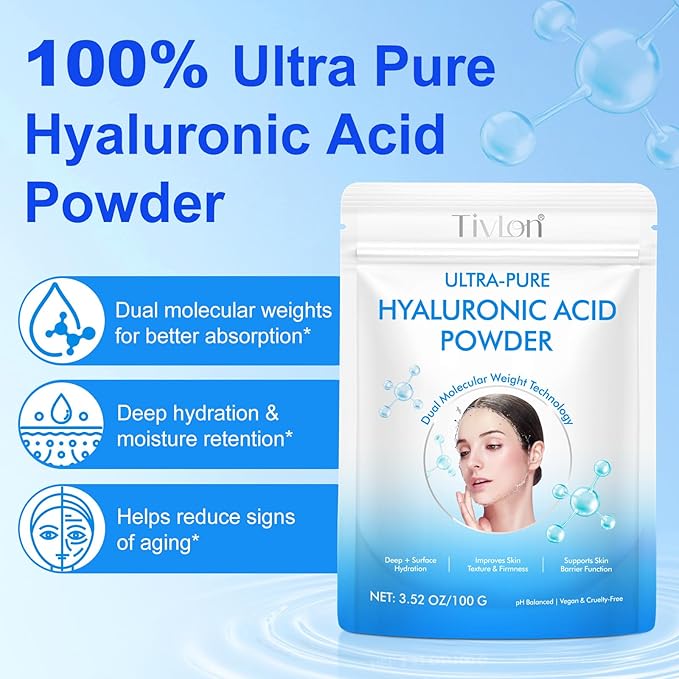 2PCS Hyaluronic Acid Powder, Hyaluronic Acid Supplements for Skin Care, Cosmetic Grade, Low Molecular Weight, Water-Soluble DIY Facial Serum for Face Hydration & Moisture