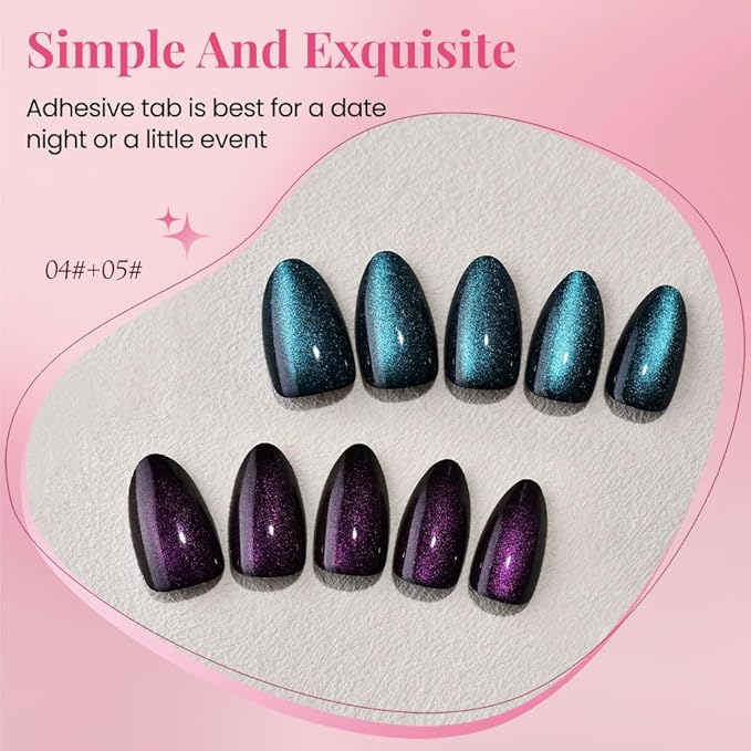 evpct Dark Blue Purple Press on Nails Almond Short, Purple Sapphire Blue Cat Eye Glitter Press on Nails for Women Gift, Soft Gel Press Glue On Nail with Nail Glue 60Pcs Reusable Acrylic Fake Nails Kit