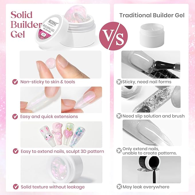 MIZHSE Solid Builder Gel, Aurora Pink & Clear Sculpting Gel for Nails, Non-Sticky 3D Nail Art Mermaid Pearl Building Carving Modeling Sculpture Hard Extension Manicure Salon Home DIY