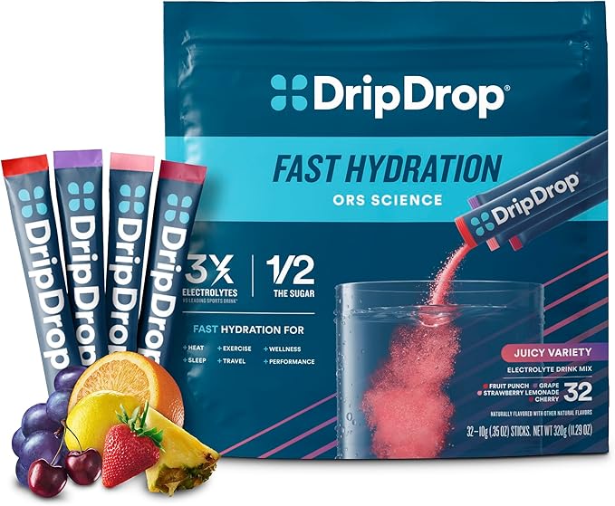DripDrop Hydration Packets - Juicy Variety Pack - Single Serve Electrolytes Powder Drink Mix - Grape, Fruit Punch, Strawberry Lemonade, Cherry - Non-GMO, Gluten Free, Vegan - 32 Sticks