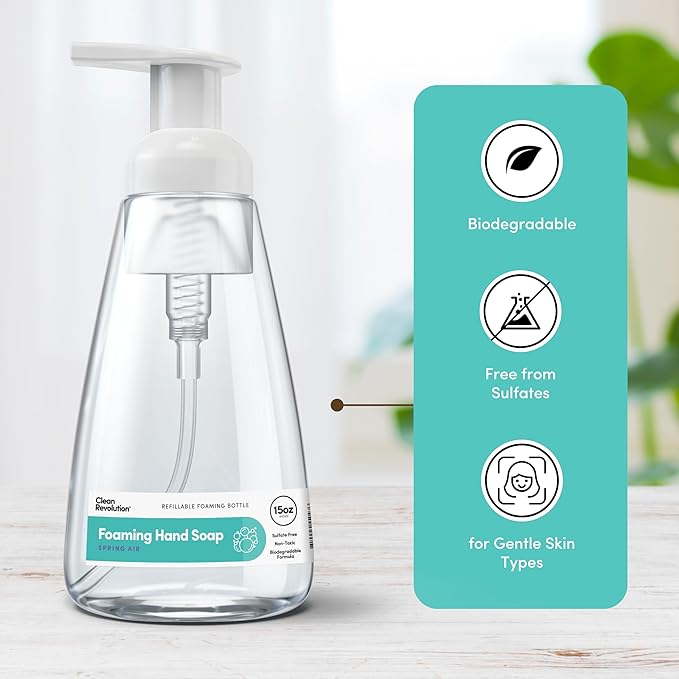 Clean Revolution Ready to Use Foaming Hand Soap | Three Pack | Jumbo 15oz Bottles | Gentle, Moisturizing & Eco-Friendly | Real Essential Oils | Spring Air | 45 Total Fl Oz, Clear