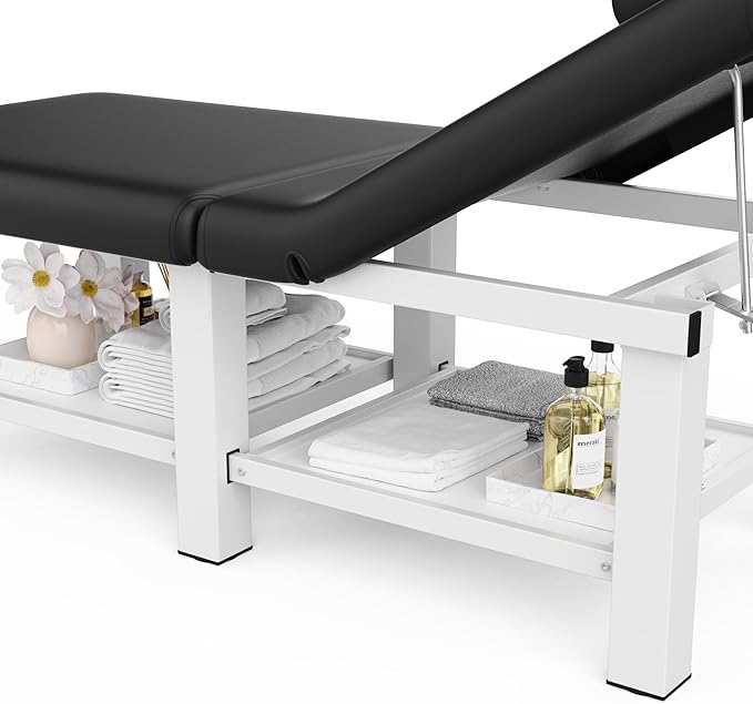 Folding Stationary Massage Table with Backrest and Storage Space, 6 Square Legs Metal Frame PU Leather, 30.5'' Wide × 75'' Long for Treatment Table Physical Therapy Table Spa Facial Bed, Black