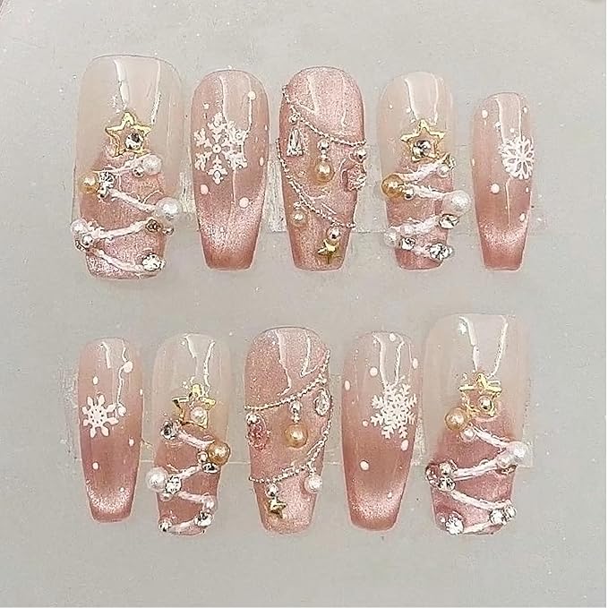 10Pcs Christmas Press on Nails Medium Square Pink Fake Nails Christmas Handmade Nails with 3D Pearl Rhinestones Design Glossy Full Cover Glue on Nails for Women Girls DIY Winter Acrylic Stick on Nails