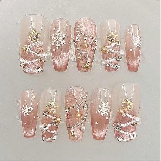 10Pcs Christmas Press on Nails Medium Square Pink Fake Nails Christmas Handmade Nails with 3D Pearl Rhinestones Design Glossy Full Cover Glue on Nails for Women Girls DIY Winter Acrylic Stick on Nails