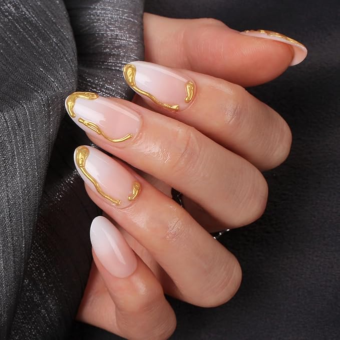 Gold Outline French Press On Nails 24pcs, Nude White Gradient Almond False Nails with 3D Metallic Design, Glossy Stick On Nails, Reusable Acrylic Fake Nails Kit for Women
