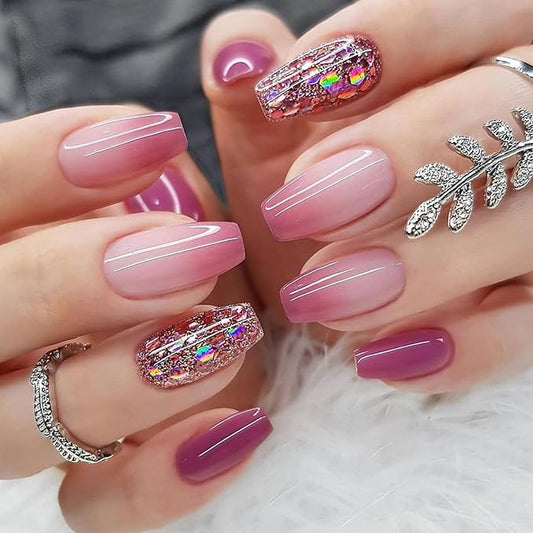 Press on Nails Short Coffin Fake Nails with Glitter Designs Gradient Nails Press ons Glossy Glue on Nails Purple Acrylic Nails Daily Wear Nature False Nails Stick on Nails for Women 24Pcs