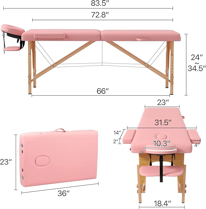 Massage Table Massage Bed, Portable 2 Section Foldable Tattoo Bed, Height Adjustable Lash Spa Bed with Face Cradle, Home Light Weight Facial Salon Bed with with Wood Frame, Light Pink