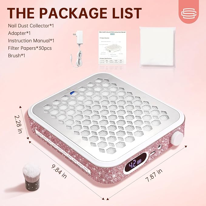 Nail Dust Collector, Rechargeable Dust Collector Nail Tech, Powerful Vacuum Fan Vent Dust Collector Extractor Dust Suction Machine for Acrylic Nails Polishing, Nail Salon&Home, Pink