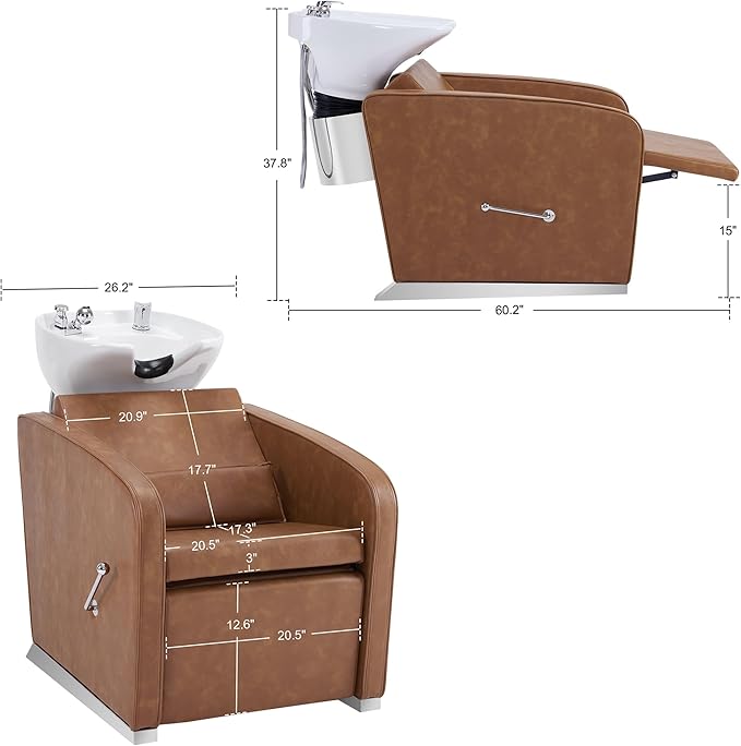 BarberPub Backwash Shampoo Station Chair, Adjustable Porcelain Ceramic Hair Wash Bowl Sink Unit Station, Reclining Shampoo Station Chair for Spa Beauty Salon Hair Salon Equipment 9303 (Brown)