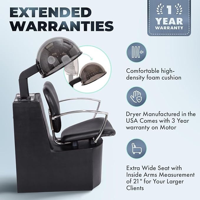 Buy-Rite Chea Hair Dryer Chair with 980W Salon Dryer - Extra-Wide Seat, 4 Heat Settings, Timer, Metal Arms, Modern Design, No Assembly Required, Pro Salon Combo, OD-6918DCHL-1500