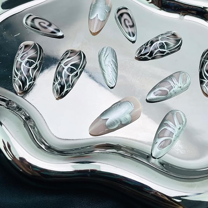 3D Silver Press on Nails Medium Almond Fake Nails with Metallic Line Designs Y2k Nails Chrome False Nails Gothic Glue on Nails Black Leopard Print Artificial Full Cover Stick on Nails for Women 24Pcs