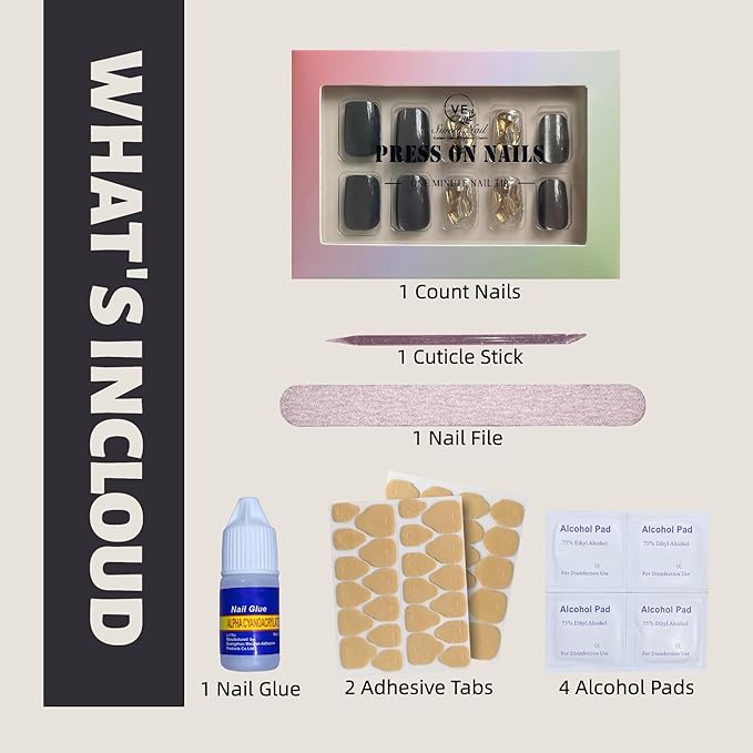 Black Cat Eye Short Squoval Press-On Nails – 28pcs with Champagne Rhinestone Accents, Soft Fit Back, Durable Front Edge, Reusable Full Cover Fake Nails for Daily, Party, Wedding