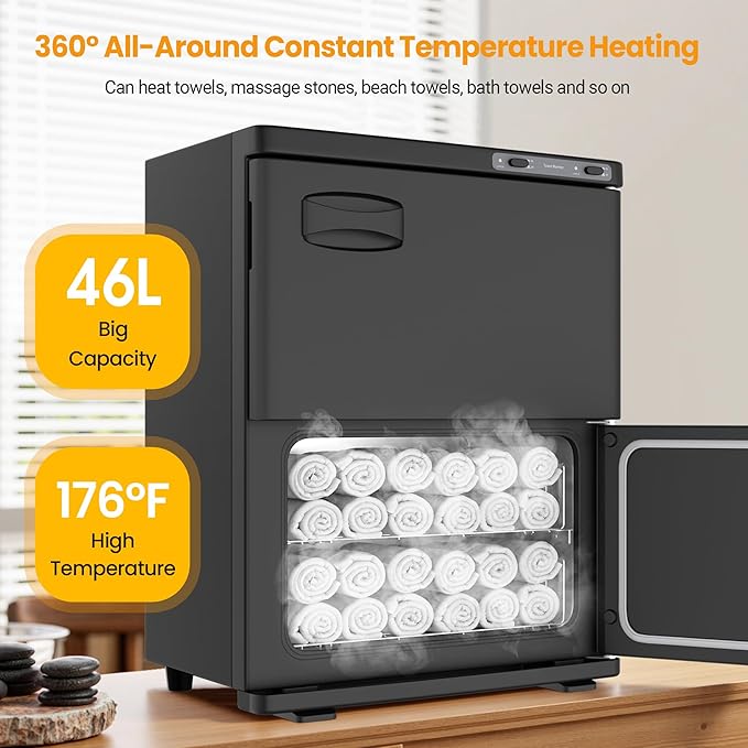 Hot Towel Warmer SalonDepot 46L Large Capacity Spa Towel Warmer with Double Cabinets for Salon, Barber Shop, Massage & Facial (Black)