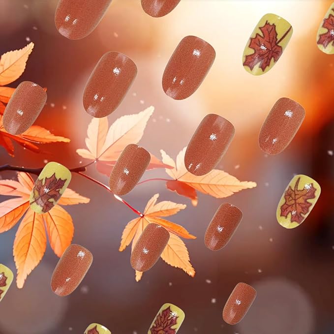 Thanksgiving Medium Almond False Nails 24Pcs Maple Leaf Press on Nails Fall Leaves Stick on Fingernails Glossy Brown Acrylic Fake Nail Autumn Gel Glue on Nail for Coquette Women Girls