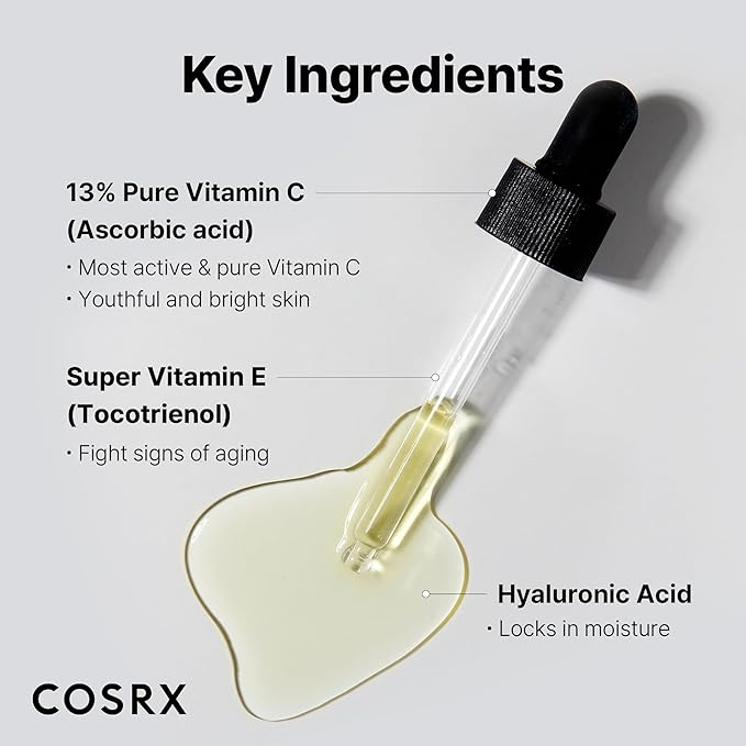 COSRX Pure Vitamin C 13% Serum with Vitamin E & Hyaluronic Acid, Hydrating Facial Serum for Fine Lines, Uneven Skin Tone & Dull Skin, 0.67fl.oz/20ml, Korean Skin Care, Stocking stuffers for women