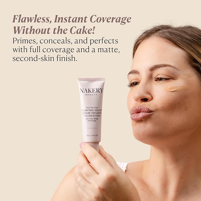 Nakery Full Coverage Plumping Liquid Foundation - Serum Infused Makeup with Niacinamide & Hyaluronic Acid for All Skin Types - Medium