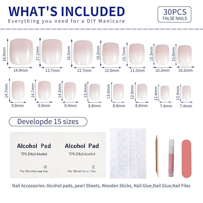 White Ombre Press On Nails Short, Glossy Soft Gel Press On Nails Square with Nail Glue, 15 Sizes - 30 Fake Nails Kit, Thick Natural Reusable Glue On Nails for Women, Silken White