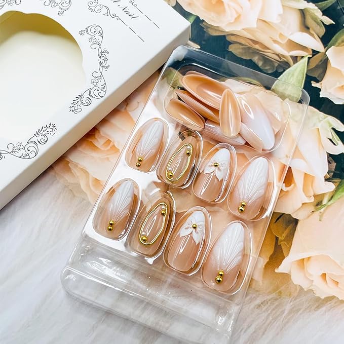Nude Press on Nails Medium Almond Fake Nails 3D Flower Water Droplet Ripple Designs Gold Beads Rhinestones Charms False Nails Glossy Full Cover Glue on Nails Summer Acrylic Nails Kit for Women 24Pcs