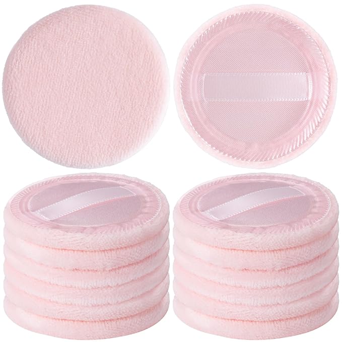 12 Pack 60mm Round Powder Puffs for Foundation Makeup Applicators, Soft Cotton Skin-Friendly Face Powder Sponge Velour Velet Puffs Pads for Cream Cosmetics- Pink