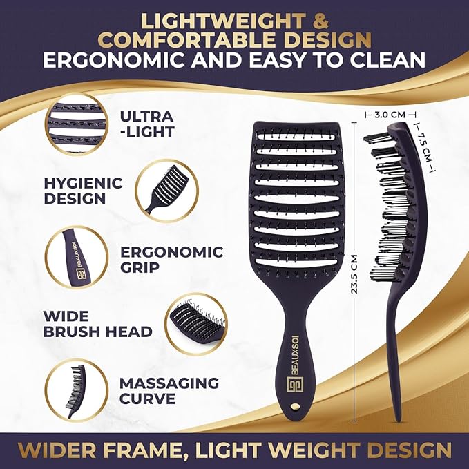 Vented Detangling Brush for Wet or Dry, Thick, Coily, and Curly Hair | Curved Vent Brush for Blow Drying
