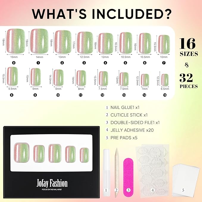 Press on Nails Short, Jofay Fashion Fake Nails, Two-color Ombre Cat Eye Press on Nails, Summer Acrylic False Nails, Reusable Stick on Nails for Women Girls, Glue on Nails Kit 32 Pcs, Honey Peach