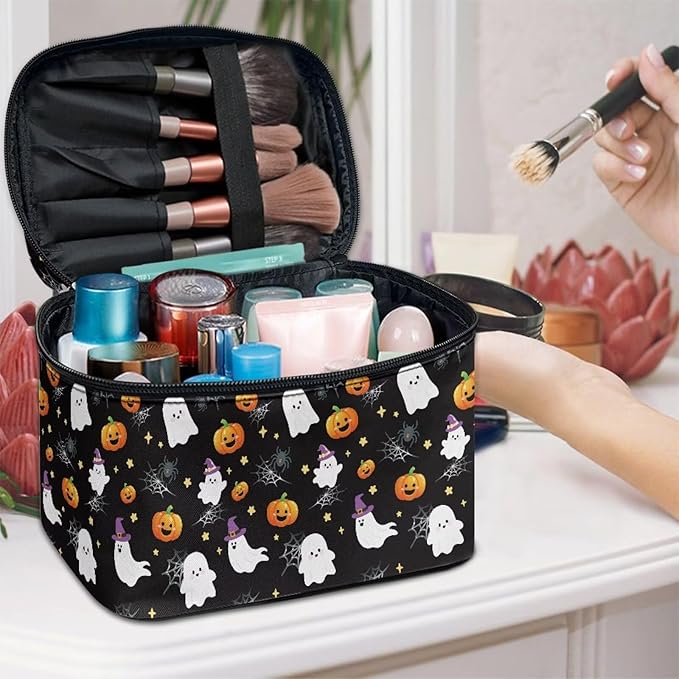 Halloween Travel Makeup Bags for Women Bat Pumpkin Spider Web Pattern Portable Tote Cosmetic Case with Carry Handle Toiletry Accessories Storage Organizer Bags