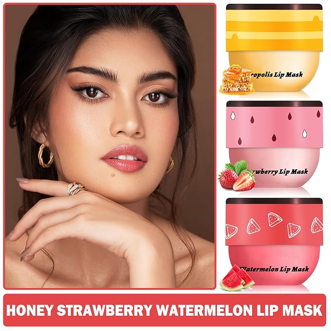 3PCS Bee Lip Balm Honey Pot Honey Strawberry Watermelon Sleeping Lip Mask Silky Hydrating Bee Lip Balm Honey Lip Mask Overnight LipCare Products(Honey+Strawberry+Watermelon)