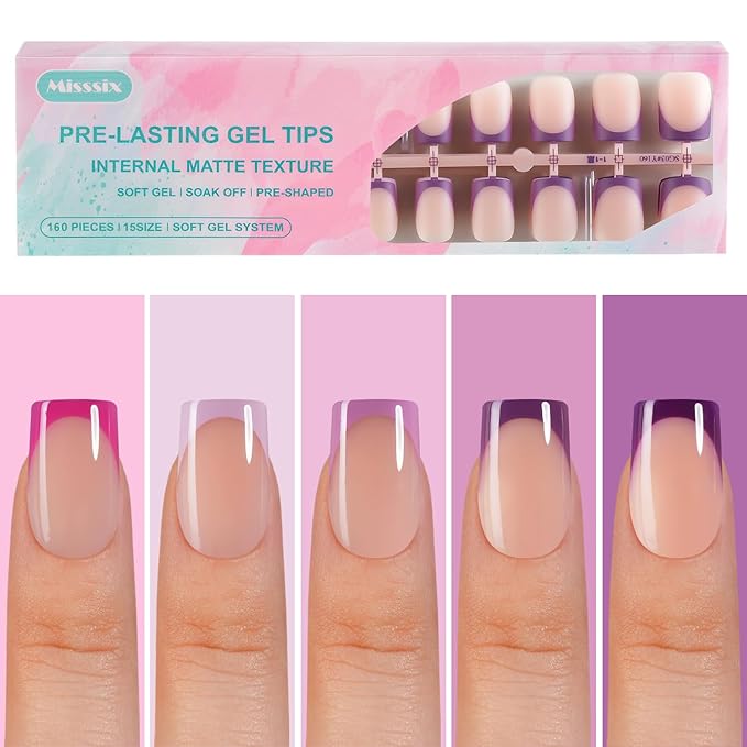 Misssix French Gel Nail Tips, 160Pcs Purple French Tip Press on Nails Short Square, No Need to File Tips Pre-lasting, Fake Nails for Nail Art DIY 16 Sizes