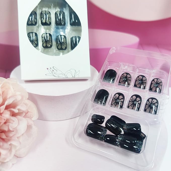 Spring Flower Press on Nails 24Pcs Chrysanthemum Stick on Nails Short Square Acrylic False Nails Glossy Black Daisy Fake Nails Silver Glitter Gel Glue on Nails for Coquette Women Girls