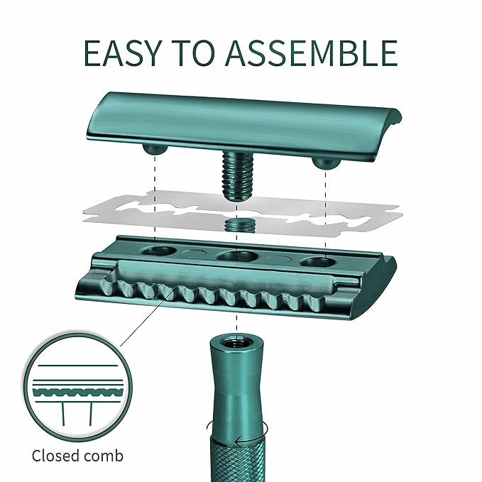 Bambaw Double Edge Close Comb Safety Razor with Stand, Shaving Razor for Men with 5 Safety Razor Blades, Reusable Eco Freindly DE Metal Razor – Sea Green