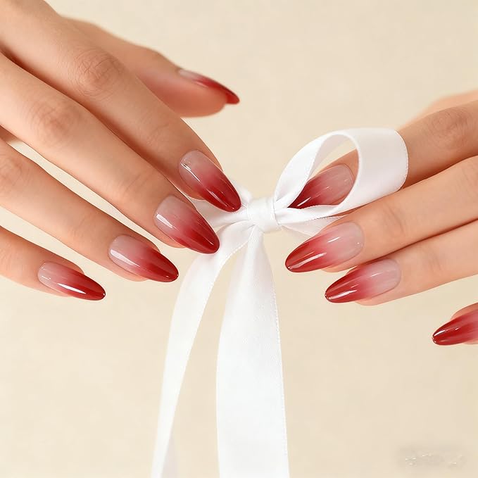 Medium Length Almond Press on False Nails Red Gradient French Fake Nails Salon Manicure Reusable Nails Art Tips DIY at home