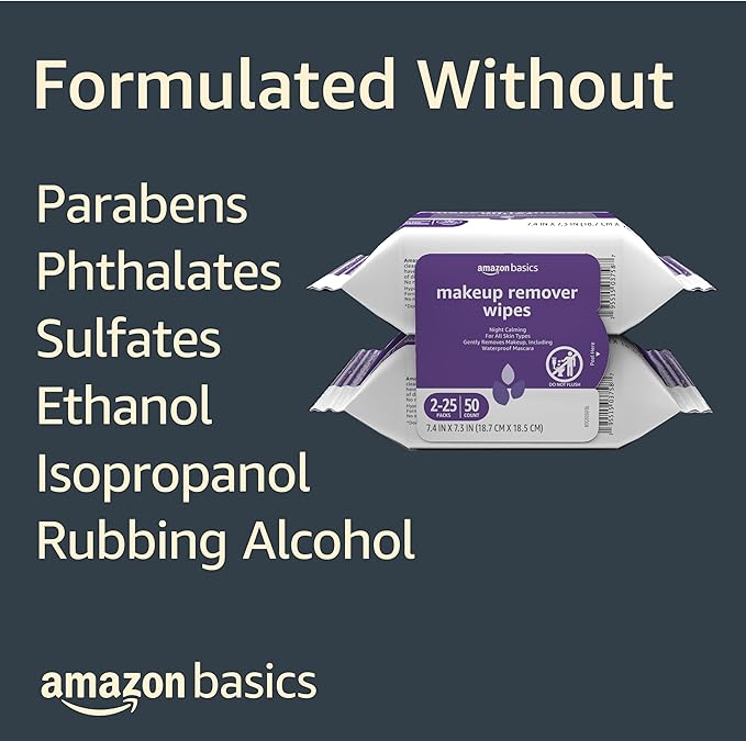 Amazon Basics Make Up Remover Wipes, Night Calming, 25 Count, Pack of 2 (Previously Solimo)