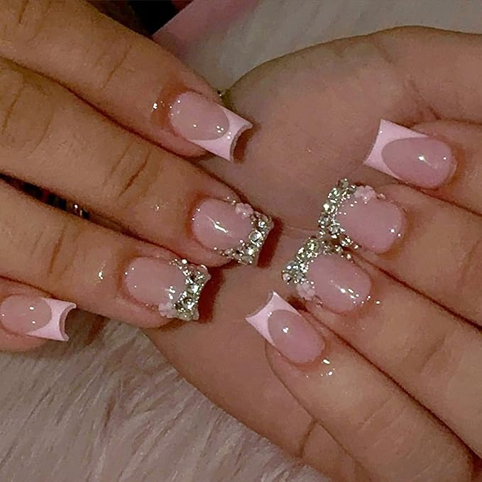 Pink French Tip Press on Nails Short Square Fake Nails with 3D Rhinestone Designs Glossy Pink False Nails Glitter Crystal Nail Tips Acrylic Nails Press on Artificial Nail Set for Women Manicure 24Pcs
