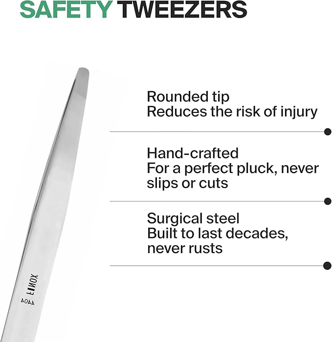 Diabetic Rounded Tweezers in Leather FINOX Surgical Stainless Steel Safety Round Tip tweezers for Facial Hair Remover Tweezers with easy grip -Eyebrow Plucking Tweezer -Eyebrow Plucker -German, 4404