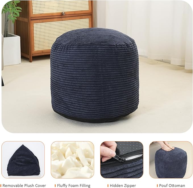 Pouf Ottoman Stuffed Round Modern Foam Filled Foot Rest Poufs for Living Room Chair Decorative 20 X 15 Inches Fluffy Pouf Foot Stool Storage Ottoman, Navy Blue