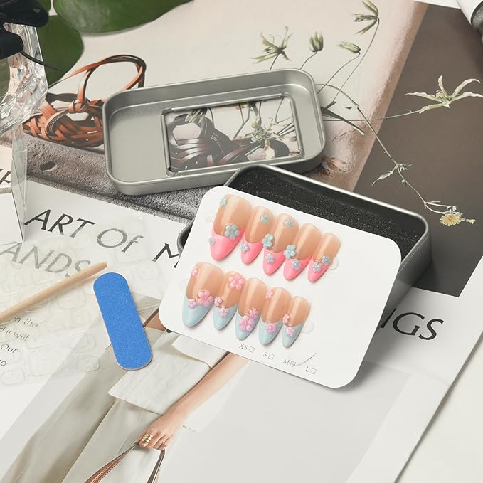 Pink Blue French Tip Press On Nails Flower Medium Almond-3D Floral Handmade Nude-Salon Gel Acrylic Full Set 10pcs Reusable(Floral Fantasy, Size M)