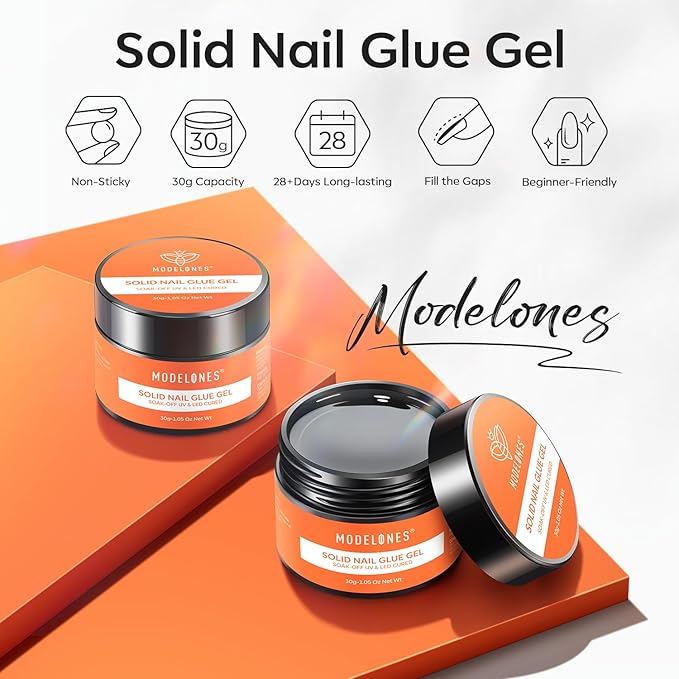 modelones Solid Nail Glue Gel for Acrylic Nails Tips, 30g False Nails Gel Glue Long-Lasting Strong Adhesion, Need UV Light Cured