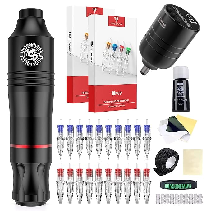 Dragonhawk Atom Wireless Tattoo Gun Pen Machine Kit - Complete Beginner Tattoo Kit with 20 Cartridge Needles, Battery Power Supply for Lining Shading