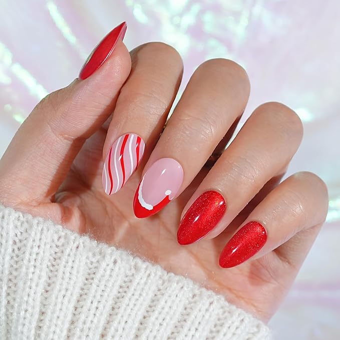 Christmas Press On Nails Almond - Jofay Fashion Red Cat Eye Press On Nails, Swirl Santa Hat Fake Nails with Glue for Women, Glossy Reusable Soft Gel Glue On Nails 32Pcs