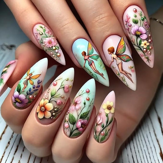 Flower Press on Nails Almond Tip Floral and Flower Fairy Pattern Design Spring Acrylic False Nail Full Cover Glossy Artificial Fingernails Medium Artificial Stick on Nail DIY Glue on Nails for Women
