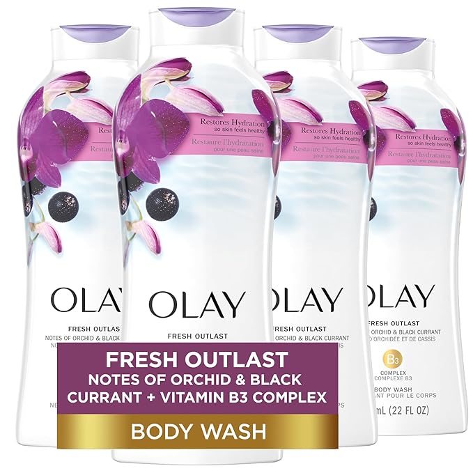 Olay Body Wash for Women, Fresh Radiance, Refreshing & Renewing, Made with Plant Based Cleansers, B3 Botanical Complex, For All Skin Types, Orchid & Black Currant Scent, 22 fl oz (Pack of 4)