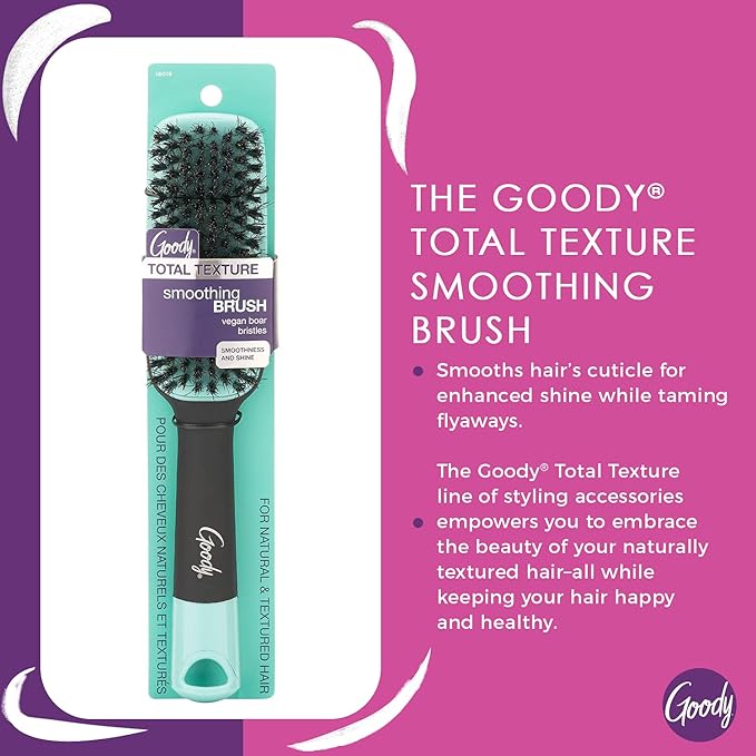 Goody x Total Texture Smoothing Brush - Vegan Boar Bristles Help Condition and Smooths Hair Cuticles for Enhanced Shine Shine - For Natural and Textured Hair - Non-Slip Grip