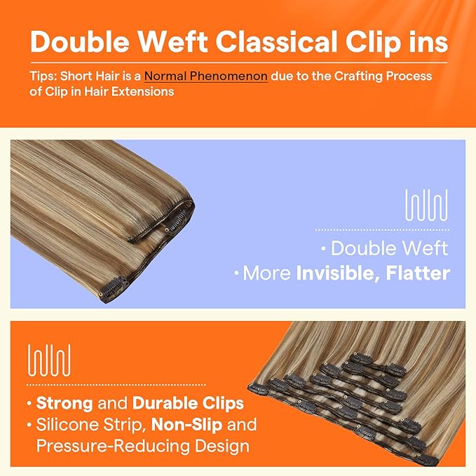 Full Shine Human Hair Clip in Extensions Balayage Clip in Hair Extensions Remy Hair Golden Brown to Dark Blonde Hair Extensions Clip ins Human Hair for Women Double Weft 7 Pcs 20 Inch 120 G