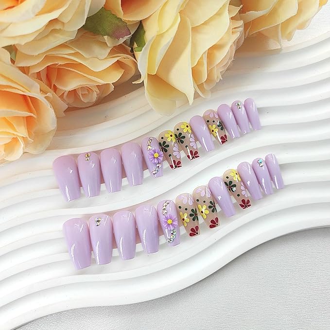 Coffin Press on Nails Medium False Nails Glossy Glue on Nails with 5D Flower Rhinestones Design Floral Coffin Nails Press ons Purple Full Cover Fake Nails Cute Stick on Nails for Women 24Pcs