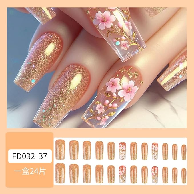 Medium Press on Nails Square Fake Nails Floral False Nails Sparkly Artificial Nails with Flowers Designs Stick on Nails for Women 24pcs