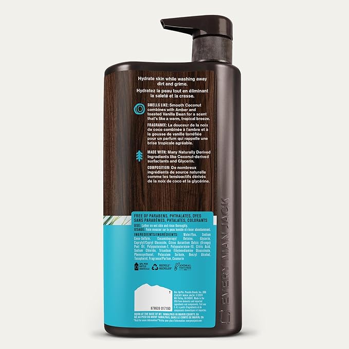Every Man Jack Coconut + Driftwood Mens Body Wash for All Skin Types - Cleanse, Hydrate, and Smell Great - Free of Parabens, Phtalates, and Dyes - 33.8 fl oz (2 Pack)