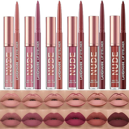 BONNIE CHOICE 12Pcs Matte Liquid Lipstick + Lip Liner Pens Set, 6 Matte Lipstick With 6 Matching Smooth Lipliner Waterproof Long Lasting 24 Hour Lip Gloss Makeup Christmas Day Gifts for Women