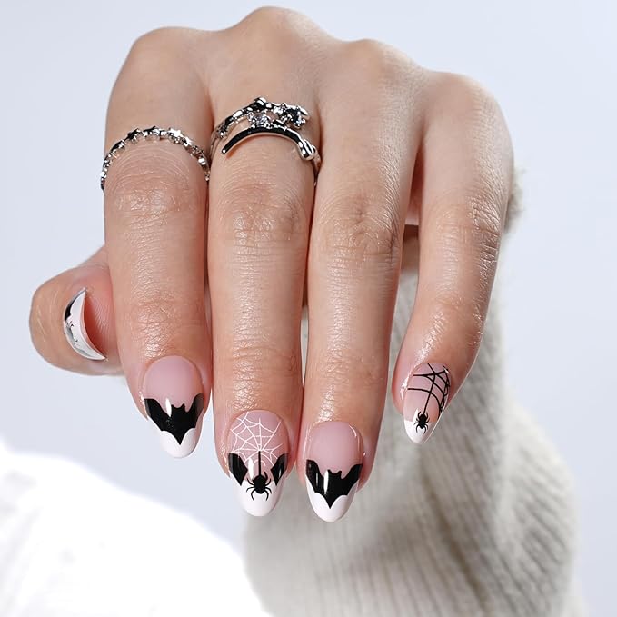 Halloween Press on Nails - French Tip Press on Nail with Blakc Web Bat, Short Almond Fake Nails Reusable Nails Press ons, 32 Pieces in 16 Sizes False Nails Kit with Glue, Grave Whisper