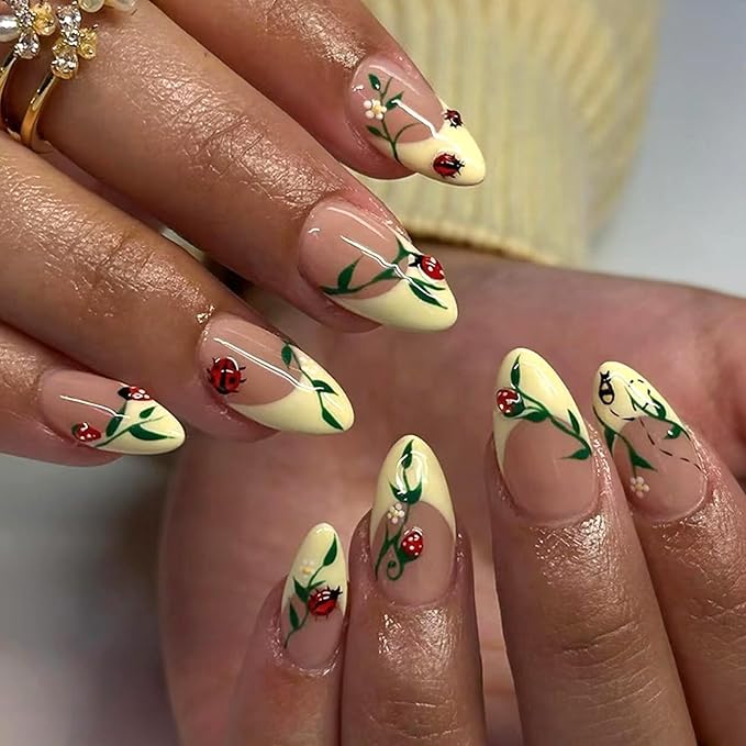 French Tip Press on Nails Medium Almond Fake Nails with 3D Ladybug Designs Cute Flower Leaf Acrylic False Nails Summer Glue on Nail Reusable Full Cover Stick on Nail for Women 24Pcs