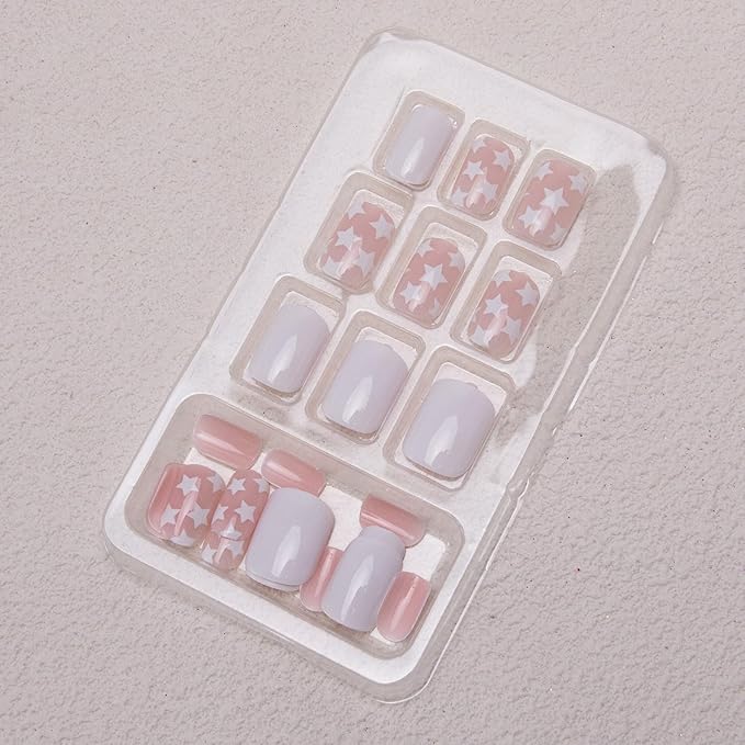 Square Press on Nails Short Star Fake Nails White Star Acrylic Nails Independence Day False Nails Press ons Glossy Glue on Nails Cute Artificial Nails for Women Girls Nails Decoration Manicure 24Pcs